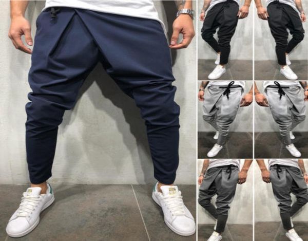 

men casual irregular pants slim trousers 2019 new solid running joggers gym long sweatpants m2xl c190408013914554, Black