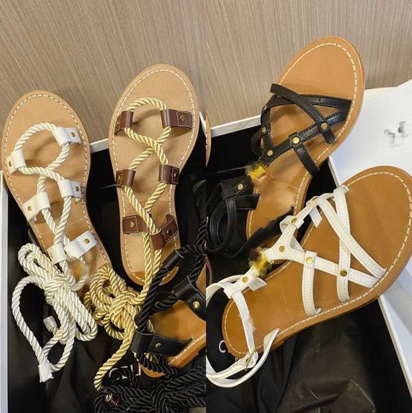

designer lace up sandals ce triomphe gold buckle rope ankle tie womens sandal leg wrap lines flats calfskin logo slides strap slingback slip, Black