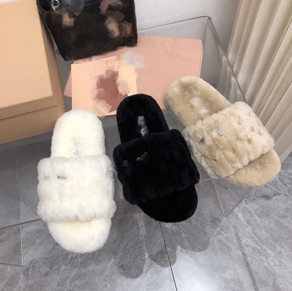 

2023 designer crochet fur slippers miu shearling sandals flat bottom warm wool slipper comfortable autumn and winter home casual shoes soft, Black
