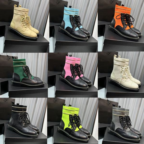 

2023 designer luxury martin socks boots womens genuine leather upper multiple colors knitted elastic hose boot lady fashion low-heeled comfo, Black