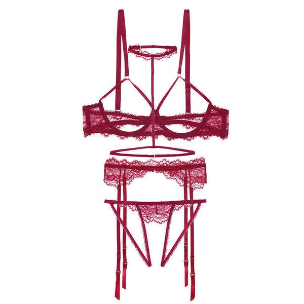 

court fun breast exposed bra set of four pieces with hanging neck garter open crotch underwear set and tempting, Black;white