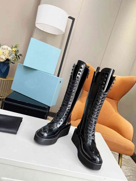 

luxury brand martin womens knee boots platform heel 6cm lace up winter shoes size 35-41, Black