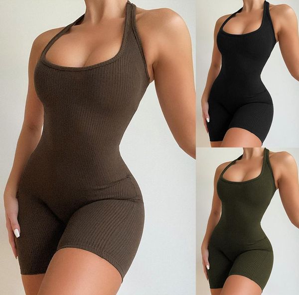 

women yoga jumpsuits rompers backless short jumpsuit with neck hanging slim casual womens fitness sweatpants fashion nightwea8513505, Black;white