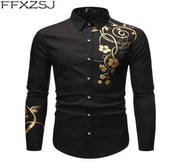 

stylish gold flower print black shirt men 2020 spring new slim fit long sleeve mens dress shirts party casual male social shirt18206654, White;black