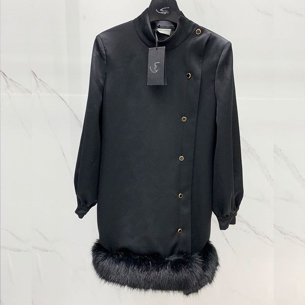 

designer dress single breasted autumn and winter new style niche plush skirt hem long sleeve little black dress can be worn as a coat in two, Black;gray