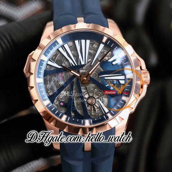 

new 46mm rddbex0256 dbex0668 automatic mens watch skeleton dial blue inner rose gold case rubber strap sport watches hwrd hello_watch g07b (, Slivery;brown
