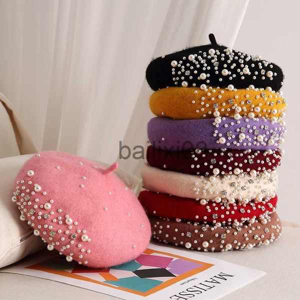 

stingy brim hats 2022 new autumn winter pearl rhinestone wool beret cap female british retro korean version children japanese painter hat mu, Blue;gray