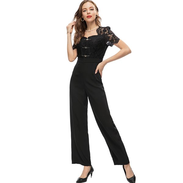 

women's runway jumpsuits& rompers sweetheart short lace sleeves beaded high street fashion long pants, Black;white