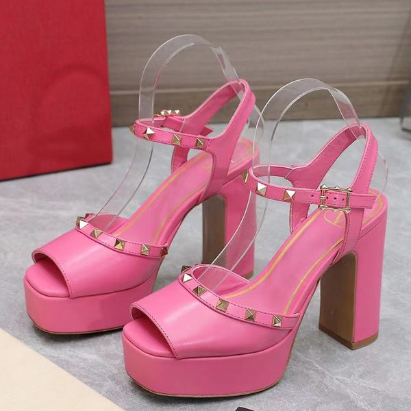 

genuine leather high-heeled sandals platform pumps stud block column base fish mouth women's ankle strap party evening shoes luxury des, Black