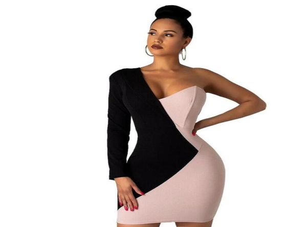 

women elegant dress bodycon long sleev one shoulder evening party club mini dresses patchwork ladies clothes fashion 20216199612, Black;gray
