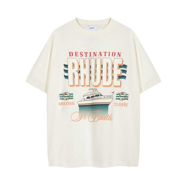 

23 summer american men's rhude sunset champion resort style yacht print trendy short sleeve t-shirt, White;black