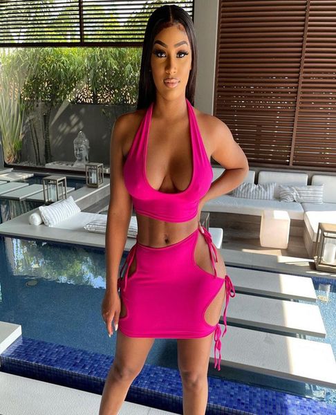 

cut out halter and skirt matching sets for women bandage midnight clubwear bodycon two piece outfits sleeveless7022016, Black