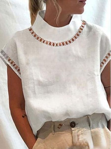 

women's blouses shirts vintage mujer women blouse solid cotton linen summer casual chic tunic hallow stand collar oversized white blus