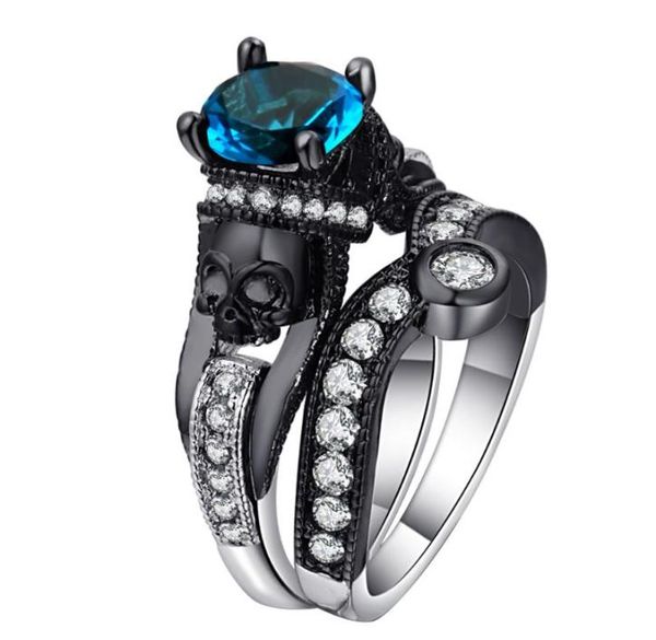 

hainon 2pcs skull ring sets women men punk jewelry charm blacksilver color round cubic zirconia cluster rings9976693, Golden;silver