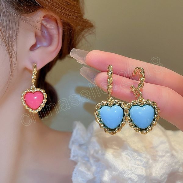 

korean pink blue resin heart pendant earrings for women daily jewelry sweet love earings brincos gifts, Silver