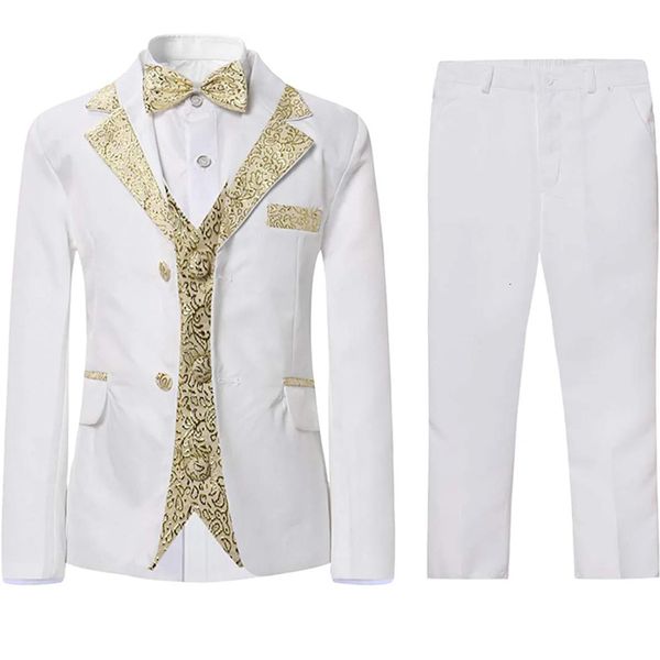 

suits boys slim fit suits 5 pieces set kids blazer vest pants shirt bowtie jacket with gold rims for wedding party prom 230801, Black
