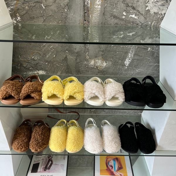 

shearling sabot light yellow brown women autumn winter designer fussbett wool fur hair sandal outdoors casual plush sandals warm plush outwe, Black