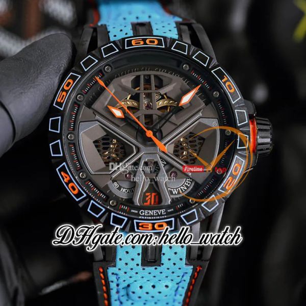 

new 45mm rddbex0828 automatic mens watch skeleton dial pvd black steel case blue leather/rubber strap sport watches hwrd hello_watch g08 (1), Slivery;brown