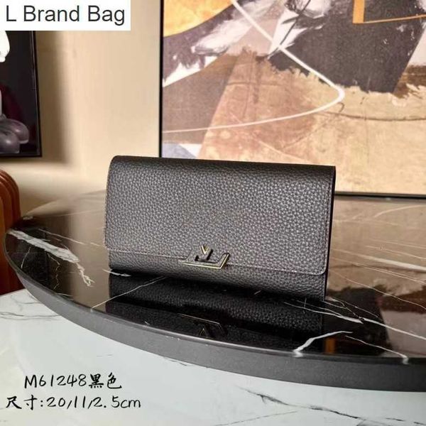 

l bag m61249 women's new lychee pattern cowhide buckle flip zipper long wallet small handbag 240n, Black