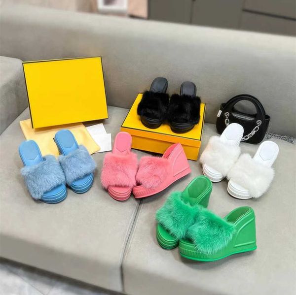 

mink fur platform slippers women banquet party sandals plush warm wedges fashion show high heels slides f letters 8.5cm heel dress wedding w, Black