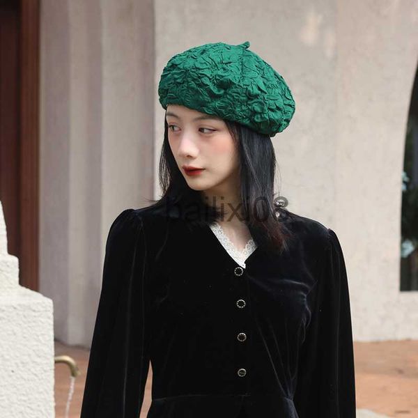 

stingy brim hats three-dimensional flower seersucker berets hat retro exquisite niche painter cap spring and autumn solid color women's, Blue;gray