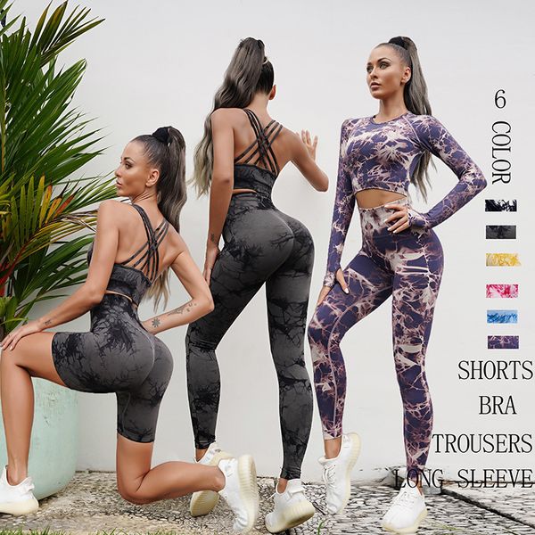 

yoga outfit seamless tiedyed sets sports fitness high waist hip raise pants cutout bra suit workout clothes gym leggings set for women 23080