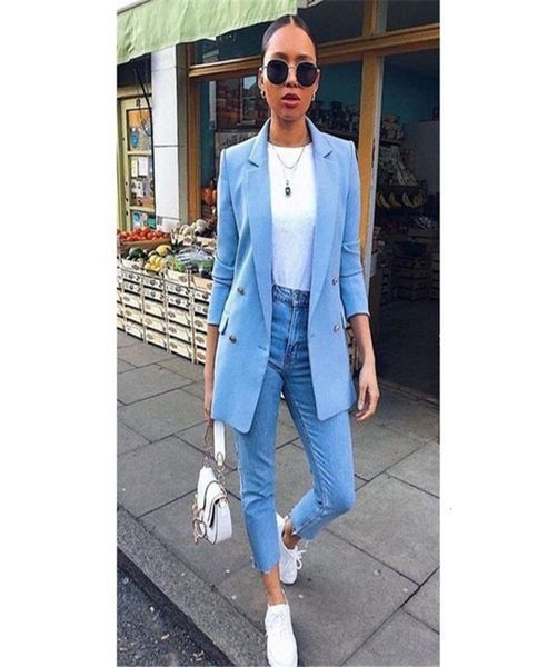 

designer solid womens blazer fashion long styles double breasted suit coats fashion womens plus size casual jacket5204304, White;black