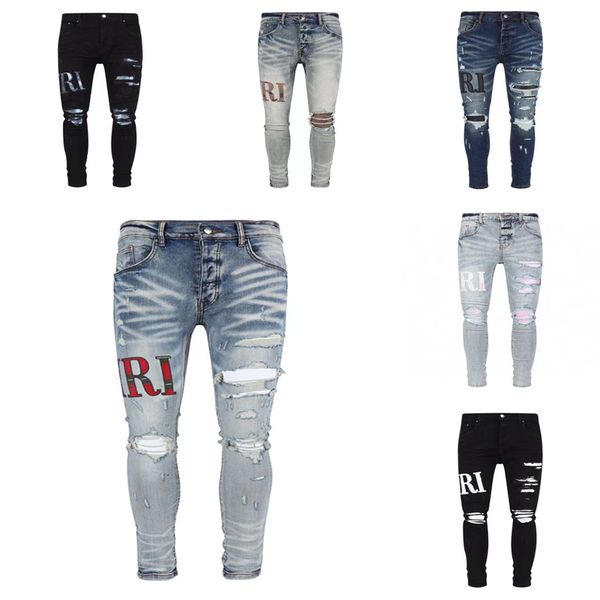 

am jeans men's distressed ripped skinny jeans mens jeans slim motorcycle moto biker causal mens denim pants hip hop men jeans, Blue