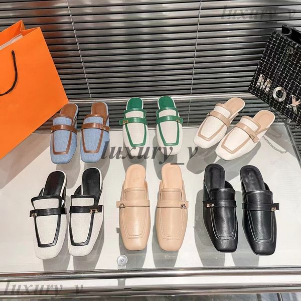 

designer women slippers oz mules calfskin leather groupie loafers luxury summer plated buckle dress shoes canvas slides, Black