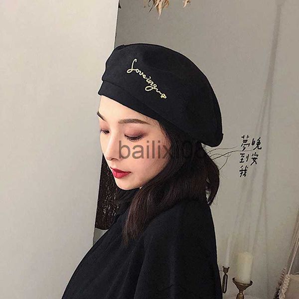 

stingy brim hats k97 women hat beret letter embroidery four seasons japanese british fashion retro painter cap wild octagonal hat casual hat, Blue;gray