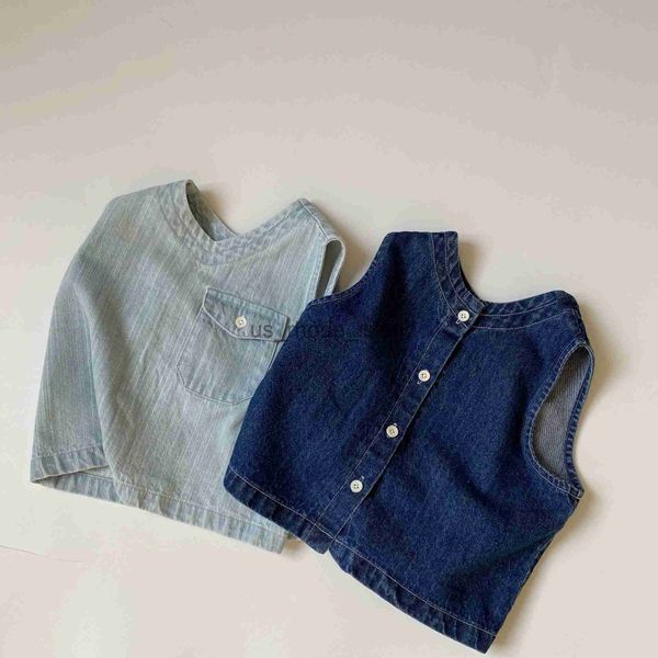 

vest 7983 children vest boy denim waistcoat summer new soft sleeveless jeans vest baby girls pocket vest 1-7t kids outfits x0802, Blue