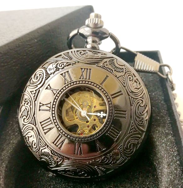 

mix 4colors men perspective window tungsten steel hollow mechanical watches mechanical pocket watches, Slivery;golden
