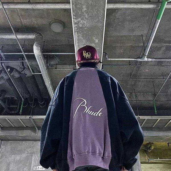 

rhude high street cut stitching embroidery loose casual men and women lovers round neck sweater trend, Black