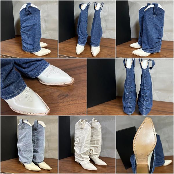 

r13 boots shoes luxury designer women chunky cowboy boots fashion leather denim sleeve denim mid length boots pleated leg high western point, Black