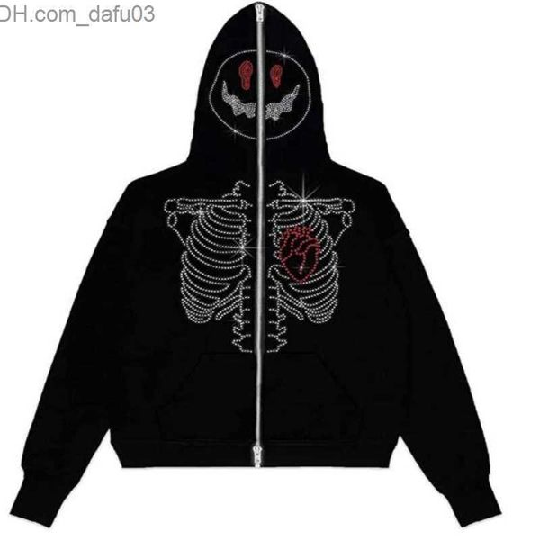 

men's hoodies sweatshirts gothic long sleeve sweatshirt super large rhinestone skull pattern zipper hoodie men's y2k fashion hoodi, Black