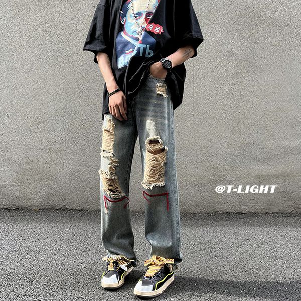 

mens jeans trendy vintage straight trousers loose ripped jean high watist baggy denim pants 230801, Blue