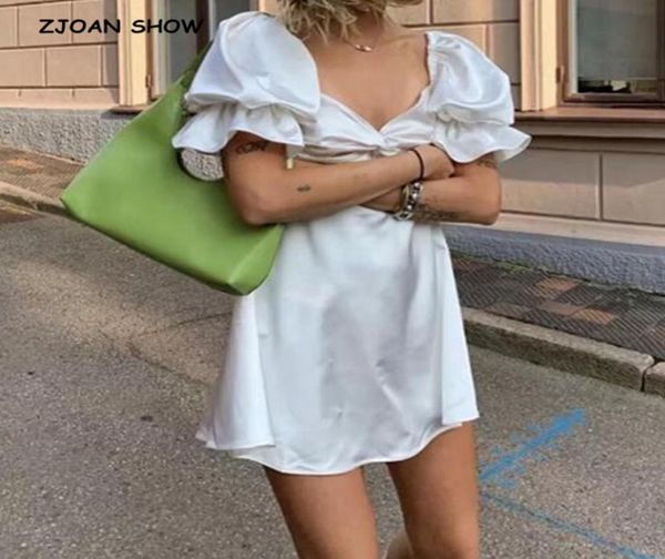 

2020 women vintage v neck knik short puff sleeve dress retro slim waist a line short dresses bright satin white vestido9854964, Black;gray