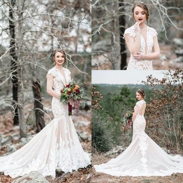 

vintage western country mermaid wedding dresses cap sleeve backless lace applique v-neck bohemian bridal gown outfits, White