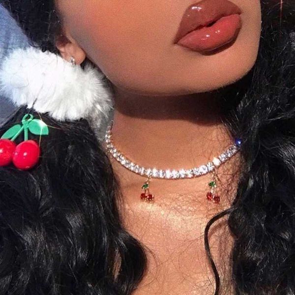 

strands new korean fashion red cherry crystal pendant necklace for women bling rhinestone tennis chain luxury jewelry gift 230613, Black
