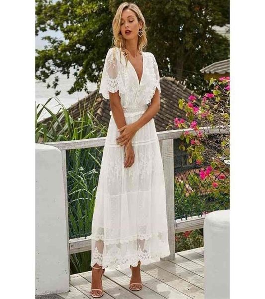 

hollow out white women long semi-sheer plunge v-neck short sleeve lace maxi dress8960713, Black;gray