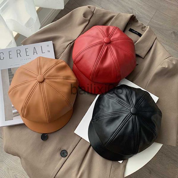 

stingy brim hats fashion leather newsboy cap quality artist pu leather female korean octagonal cap spring winter casual beret women flat hat, Blue;gray