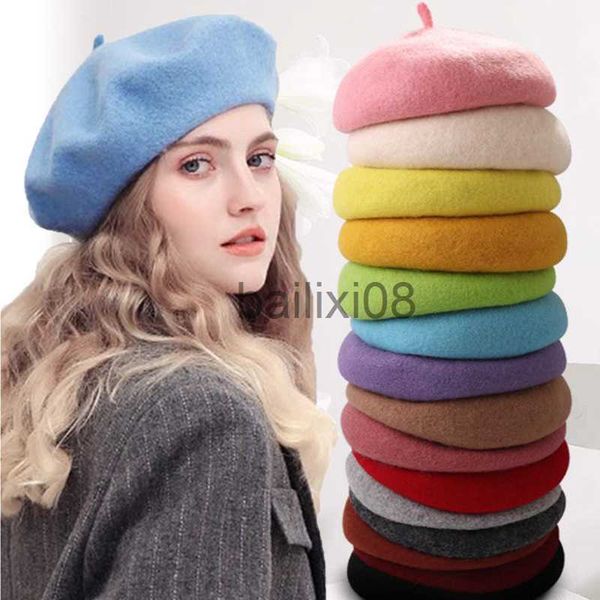 

stingy brim hats solid color wool berets for women autumn winter warm bonnet caps vintage french painter beret hats female lady casual beani, Blue;gray