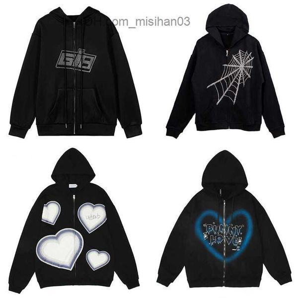 

men's hoodies sweatshirts y2k fashion rhinestone hoodie women's hip hop sweatshirt jacket korean super zipper sports jacket women&, Black