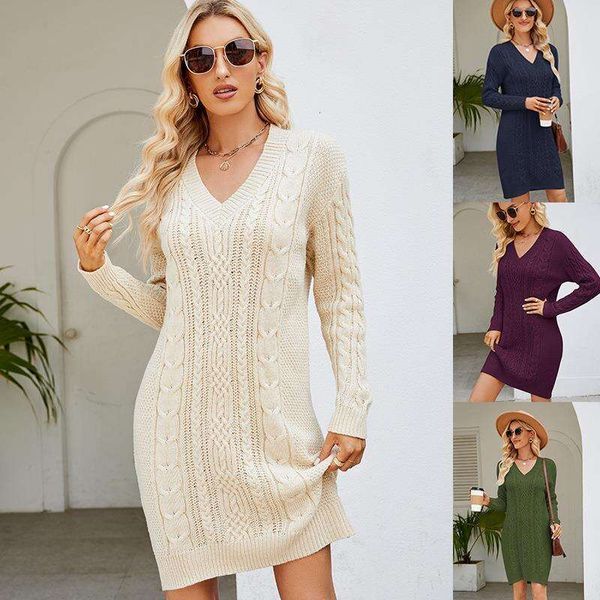 

womens pure color v neck long woolen dress autumn and winter fashion temperament twisting knitted, Black;gray