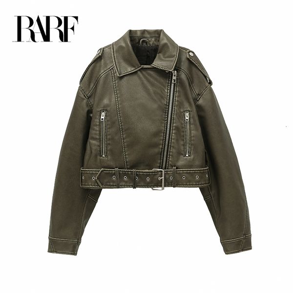 

women s jackets rarf 2023 style washed leather jacket with belt short coat downgraded zipper and vintage lapel 230801, Black;brown