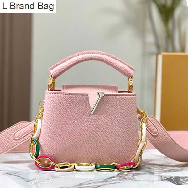 

l bag sunshine totes bag crossbody bag women shopping handbag colored resin chain interlocking detachable strap genuine leather metal letter, Black