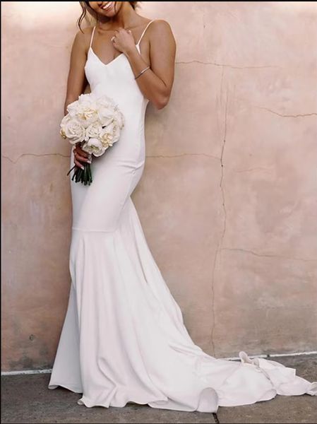 

long v-neck mermaid wedding dresses spaghetti straps ivory crepe backless vestidos de novia abendkleider bridal gowns for women, White