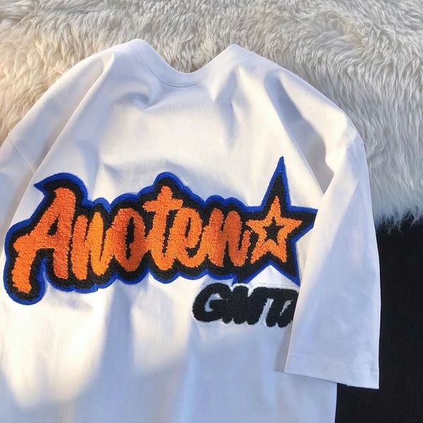 

women's tshirt trend american retro high street hip hop hit color printing letters men and women salt loose couple short sleeved t shir, White