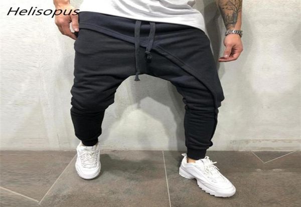 

helisopus men jogger pant streetwear asymetric layered pants men039s spring casual drawstring pants233s6477695, Black