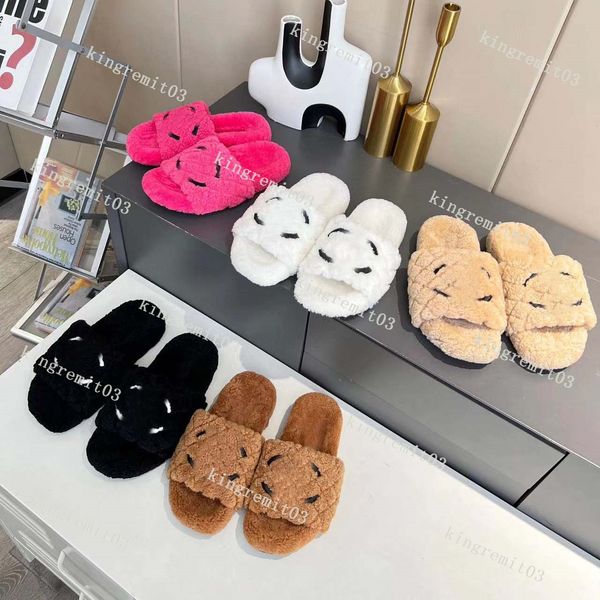 

designer fur slippers women wool slides ladies classic flat shoes winter autumn sandals fashion premium slippers plush casual slides, Black